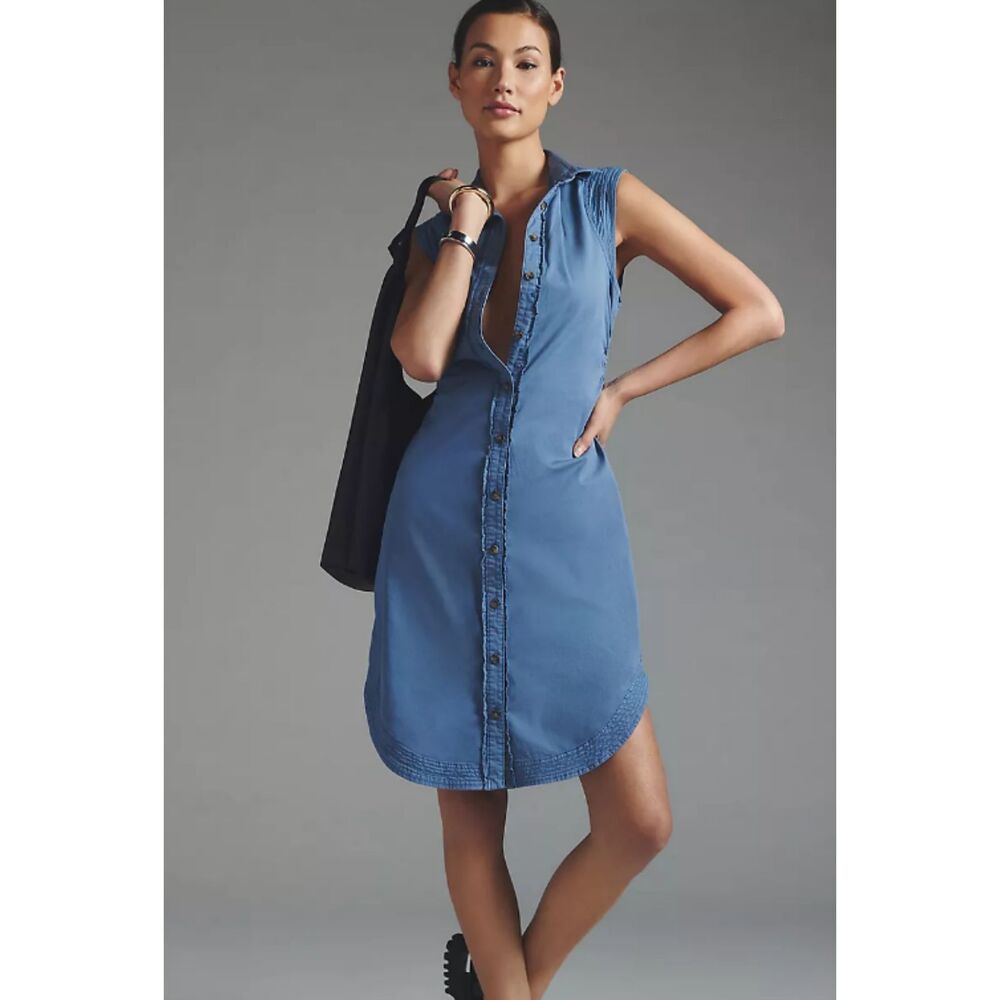 Anthropologie Pilcro Blue Collared Shirt Dress Button Down Sleeveless 14 Utility